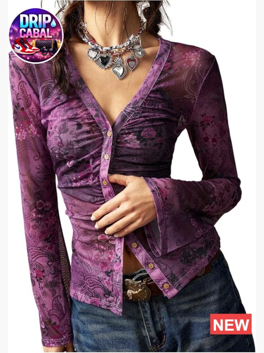 Boho Paisley Button Down V Neck Long Sleeve Fitted Tee